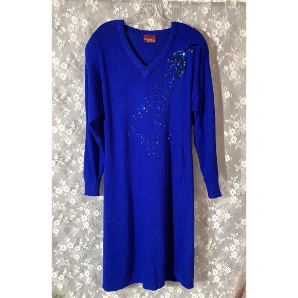 Vintage 80s Sequin Sweater Dress 1980s Royal Blue New Wave Retro Size XL - Picture 1 of 7